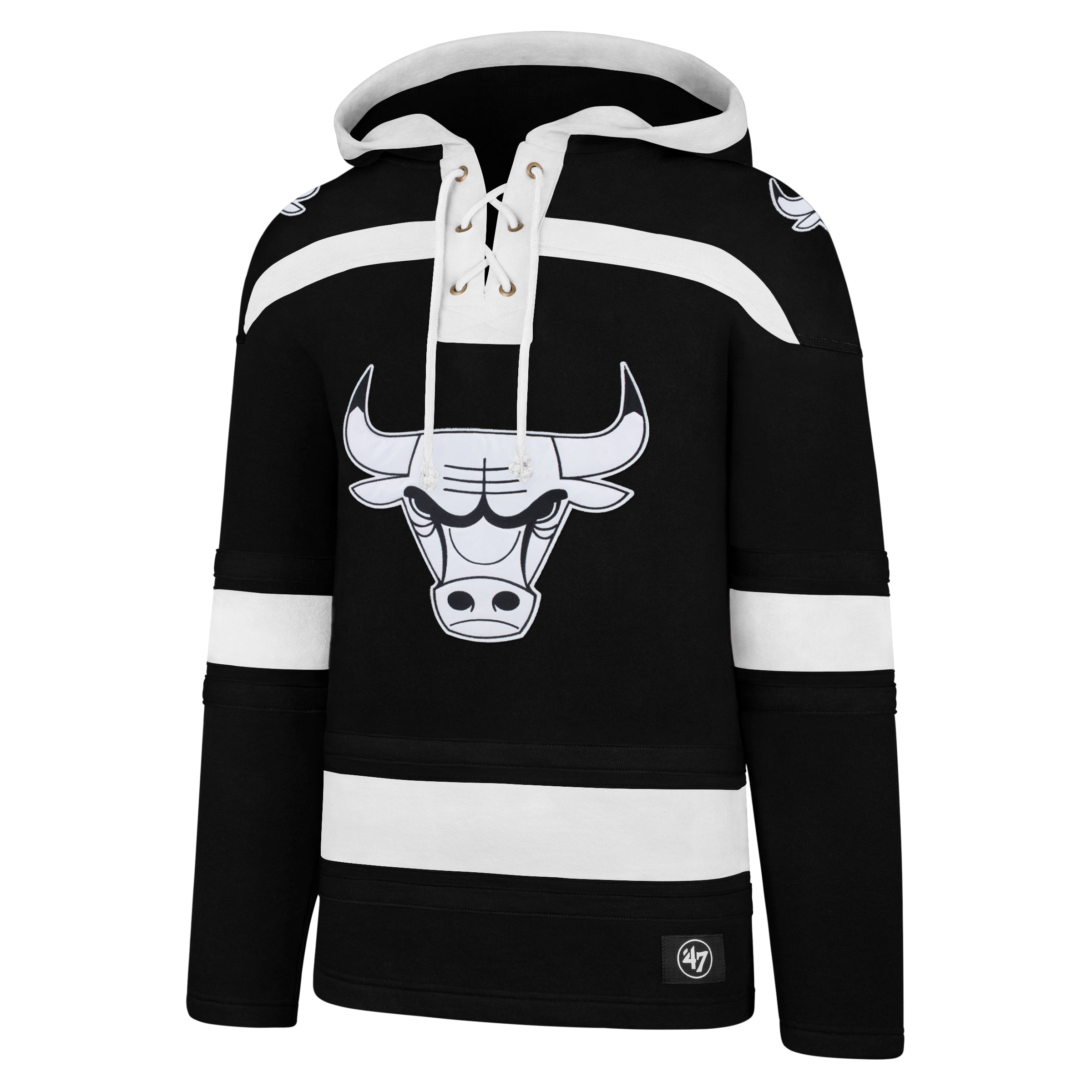An oversized black hoodie with white and red stripes, featuring a split vent hood and a applique logo on the chest.